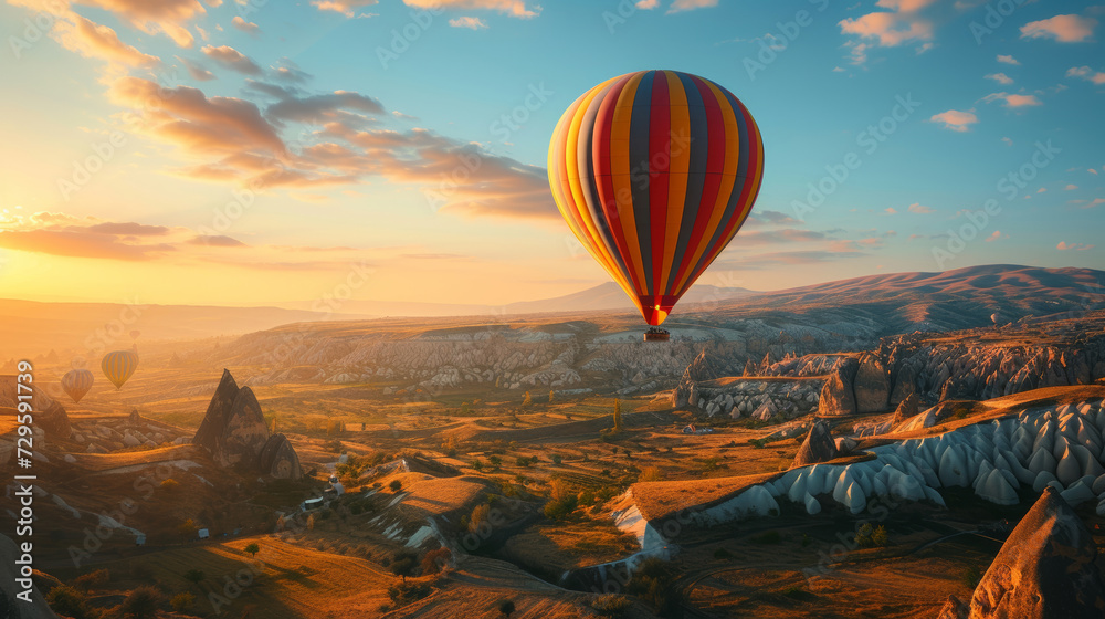 A hot air balloon ride over the otherworldly landscapes - obrazy, fototapety, plakaty 