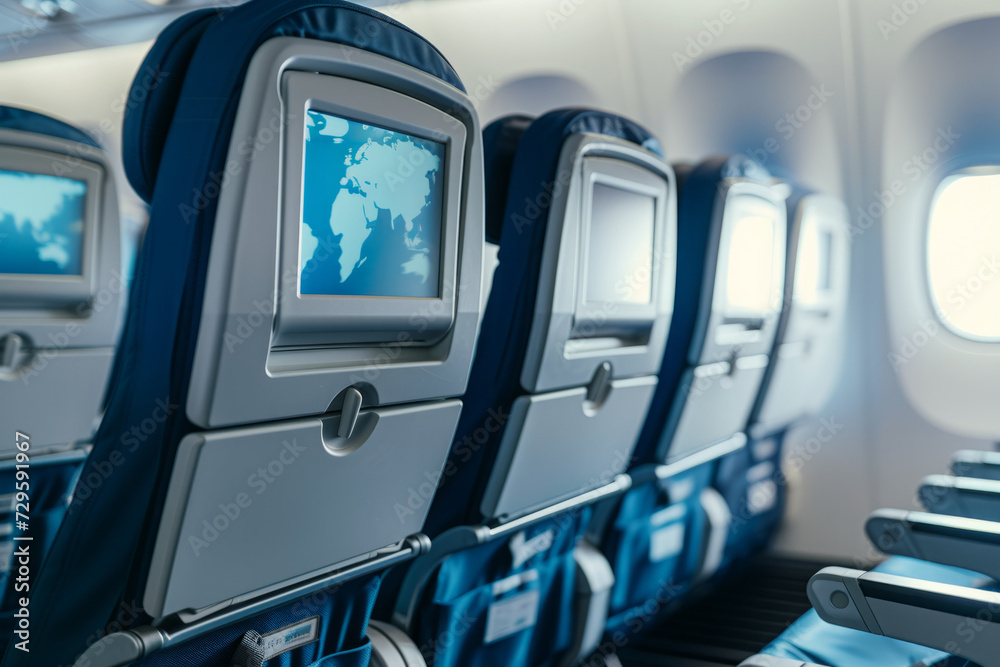 Interior of aircraft with rows of empty seats with information displays near window, Airplane cabin, Passenger seating arrangement