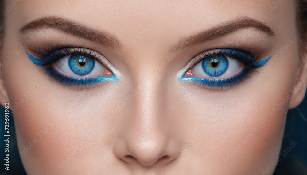 the detailed makeup of a woman's eyes, showcasing vibrant blue eyeliner and immaculately applied mascara against her penetrating blue eyes. the detailed makeup of a woman's eyes, showcasing vibrant blue eyeliner and immaculately applied mascara against her penetrating blue eyes.