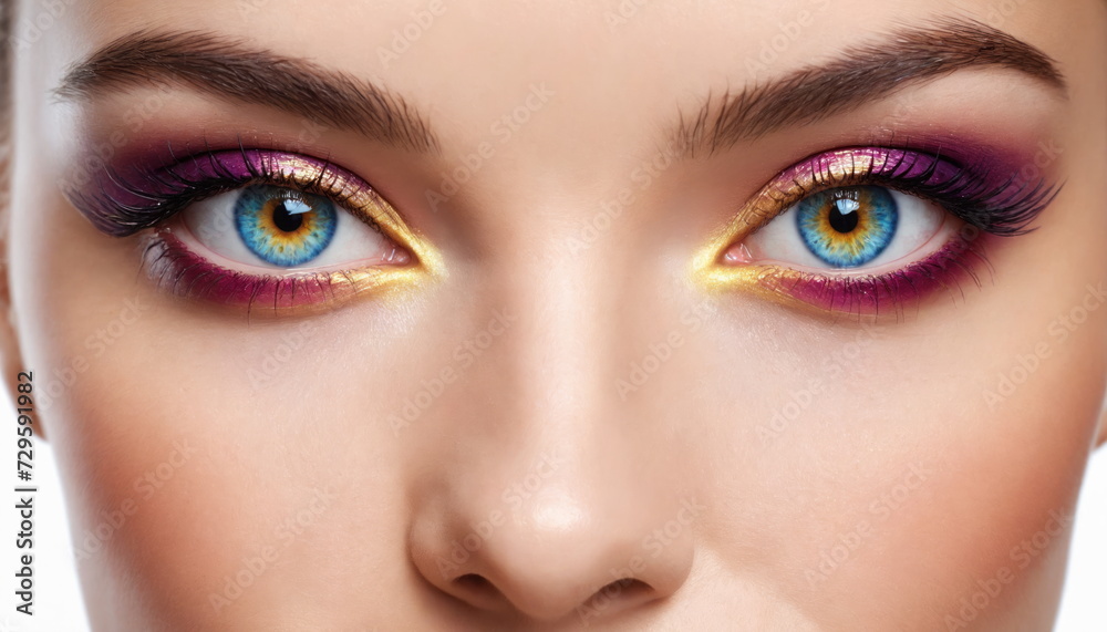 A close-up of a woman's eyes showing bright, colorful makeup with shades of purple and blue. A piercing look. A close-up of a woman's eyes showing bright, colorful makeup with shades of purple and blue. A piercing look.