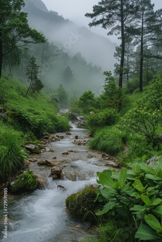 A misty morning in the mountains, with a tranquil stream meandering through lush greenery
