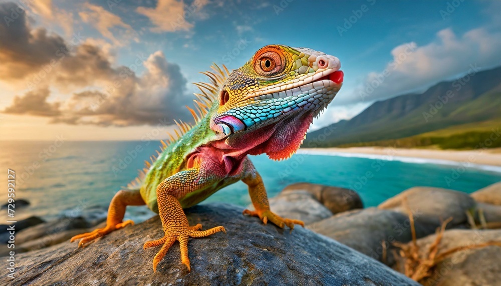 Obraz premium funky and colorful lizard on the beach