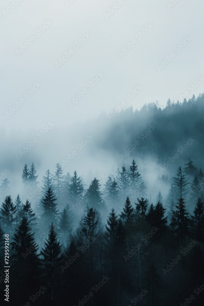 Trees silhouettes, vertical shot. Moody foggy forest in nature landscape. Minimalistic background for social media post or smartphone wallpaper