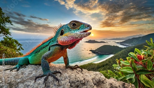 funky and colorful lizard on the beach