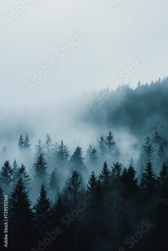 Trees silhouettes, vertical shot. Moody foggy forest in nature landscape. Minimalistic background for social media post or smartphone wallpaper © Lazy_Bear