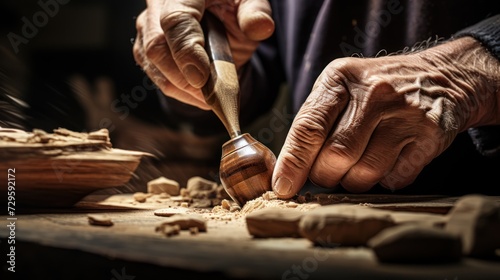 Expert hands of a wood carver shaping a wooden masterpiece in a close-up, capturing the craftsmanship of the skilled artisan. photo