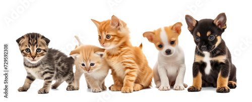 Cute dogs and cats isolated on white transparent background, png. Kittens and puppies on white. Banner design 