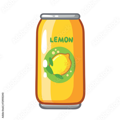 Fruit soda. Aluminum can with lemon juice. Cartoon vector illustration isolated