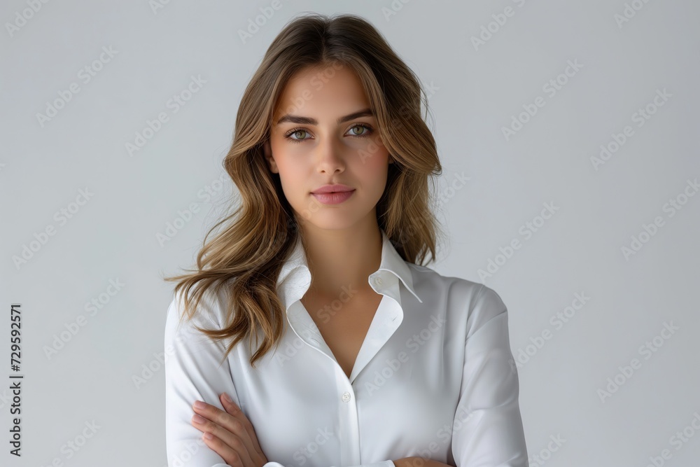 Attractive young woman wearing very elegant white dress, poses relaxed, white background. Attractive young woman wearing very elegant white dress, poses relaxed, white background.