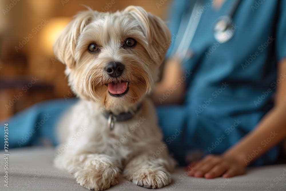 A small breed, white dog, sits on an examination table as a veterinarian prepares to preform a routine check-up. A small breed, white dog, sits on an examination table as a veterinarian prepares to preform a routine check-up.