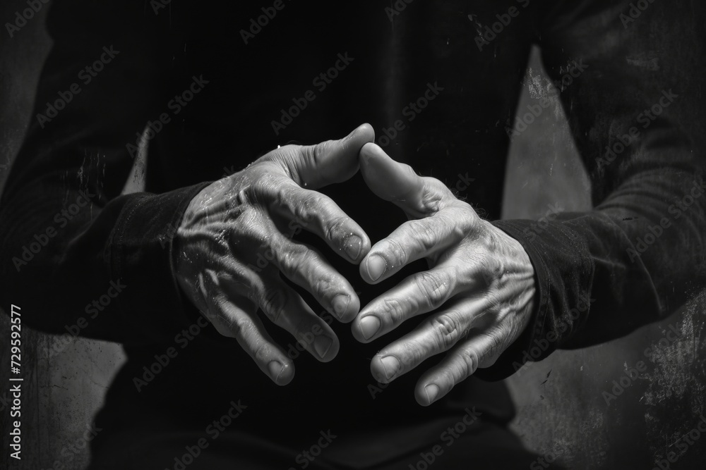 Person Holding Hands Together in Black and White