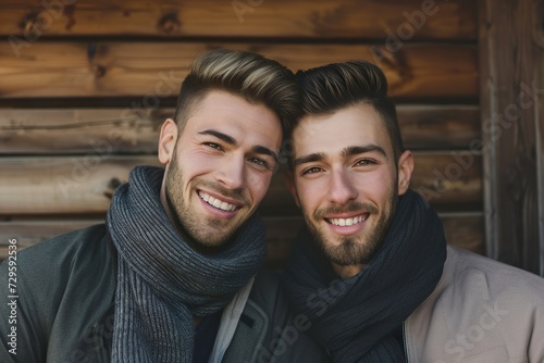 Portrait of attractive young gay homosexual couple.