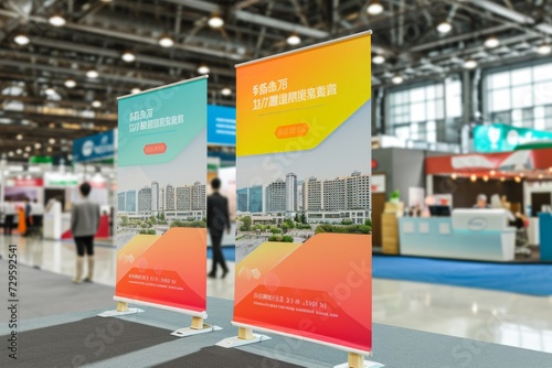 3d rendering exhibition stand with advertising banner and people in exhibition hall