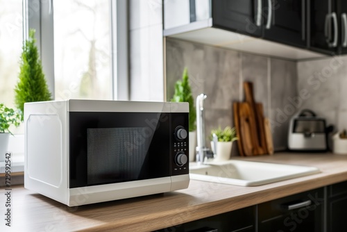 A modern tabletop microwave, for the home, oven to quickly heat food.