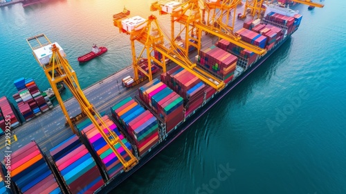 Aerial view industrial crane loading. Business import export logistic and transportation of International by container ship in the open sea. Generative Ai