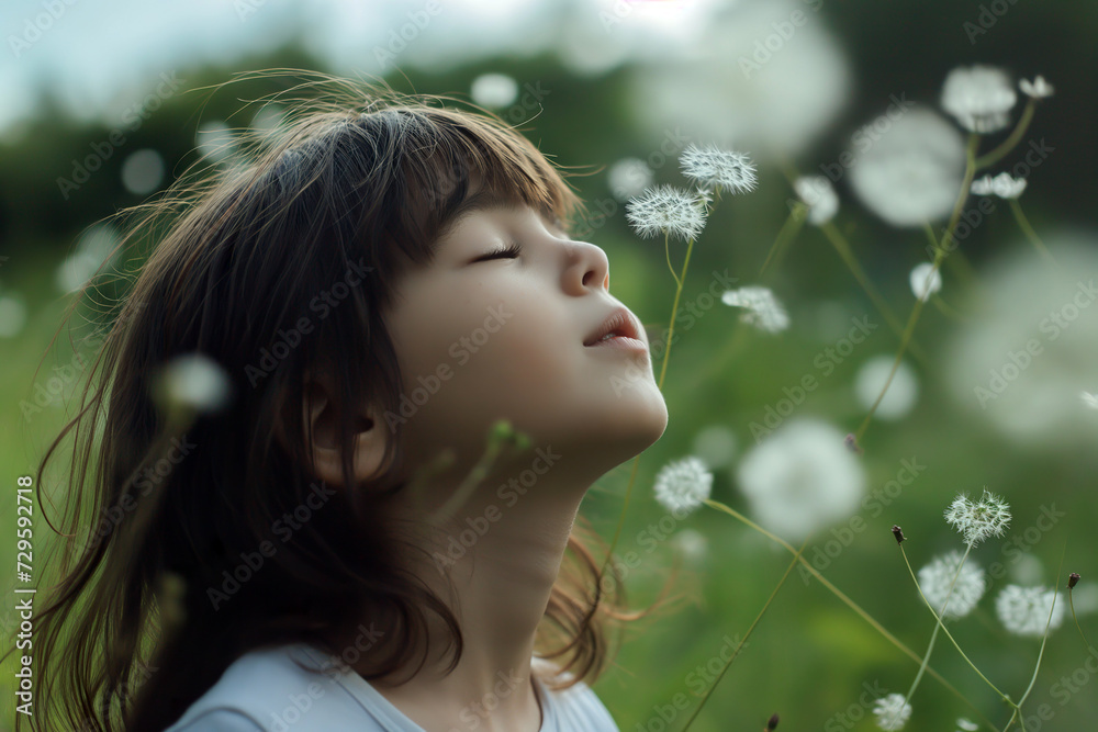 A young girl stands in a field of dandelions.