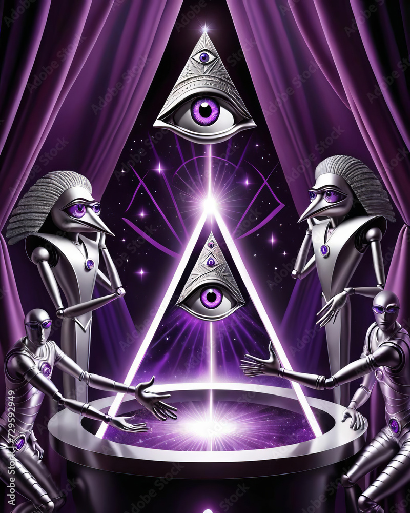 Illuminati Secret Society Overthetop cosmic purple scene with all