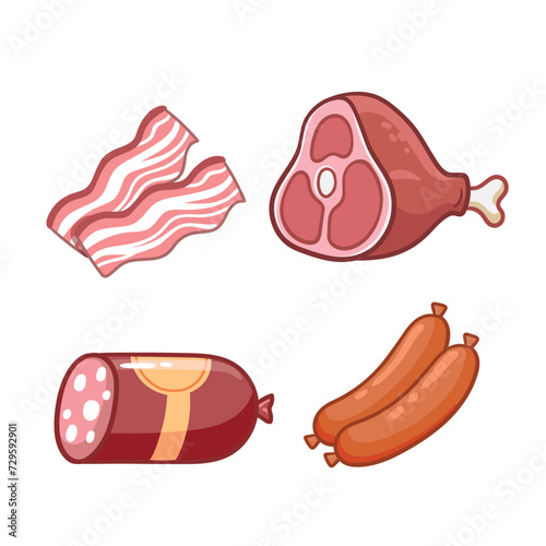 Set of meat - bacon, ham, beef, salami, sausages in cartoon style. Different meat cartoon products vector set. Leg with meat and bone