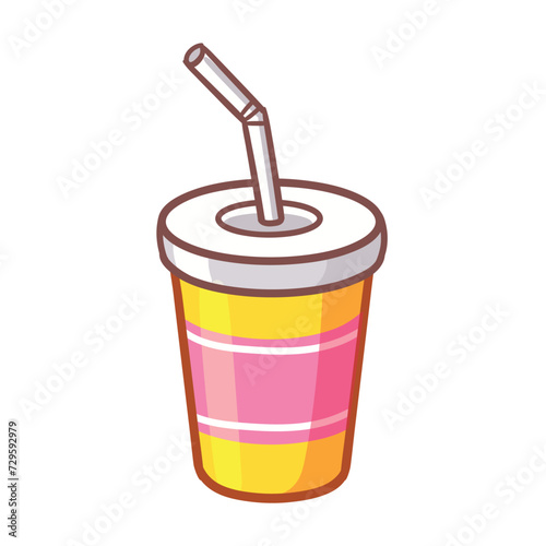 Paper cup for drinks with lid and straw in cartoon style. Isolated on white background vector illustration.