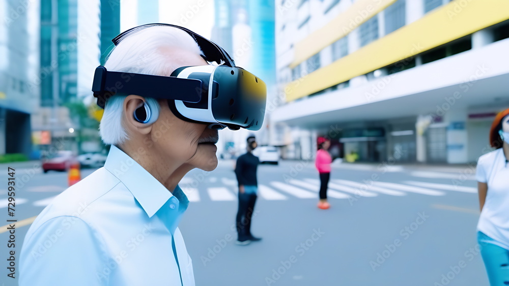 1 elderly man in a white shirt walks alone wearing virtual reality glasses 1 elderly man in a white shirt walks alone wearing virtual reality glasses