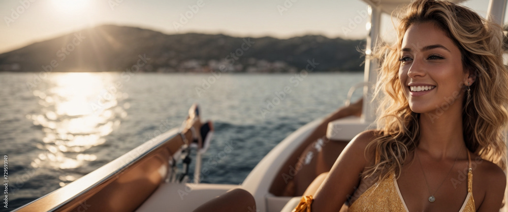 Cruise ship travel vacation luxury tourism woman looking at ocean from deck of sailing boat. Luxury destination, summer lifestyle