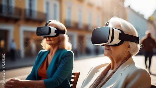 Two elderly women wearing virtual reality glasses sit on chairs in a cafe in the summer and chat