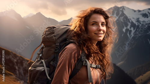 portrait of a beautiful young woman tourist with a backpack on a hiking trip in the mountains. tourism and outdoor travel. © photosaint