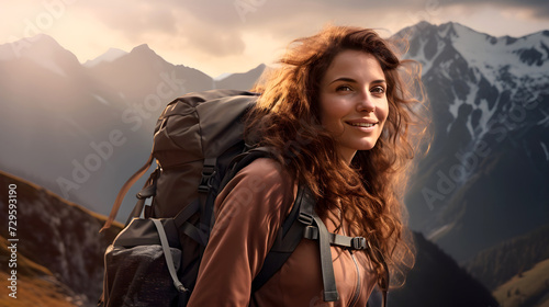 portrait of a beautiful young woman tourist with a backpack on a hiking trip in the mountains. tourism and outdoor travel.