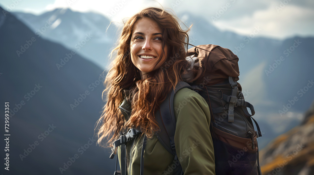 Naklejka premium portrait of a beautiful young woman tourist with a backpack on a hiking trip in the mountains. tourism and outdoor travel.
