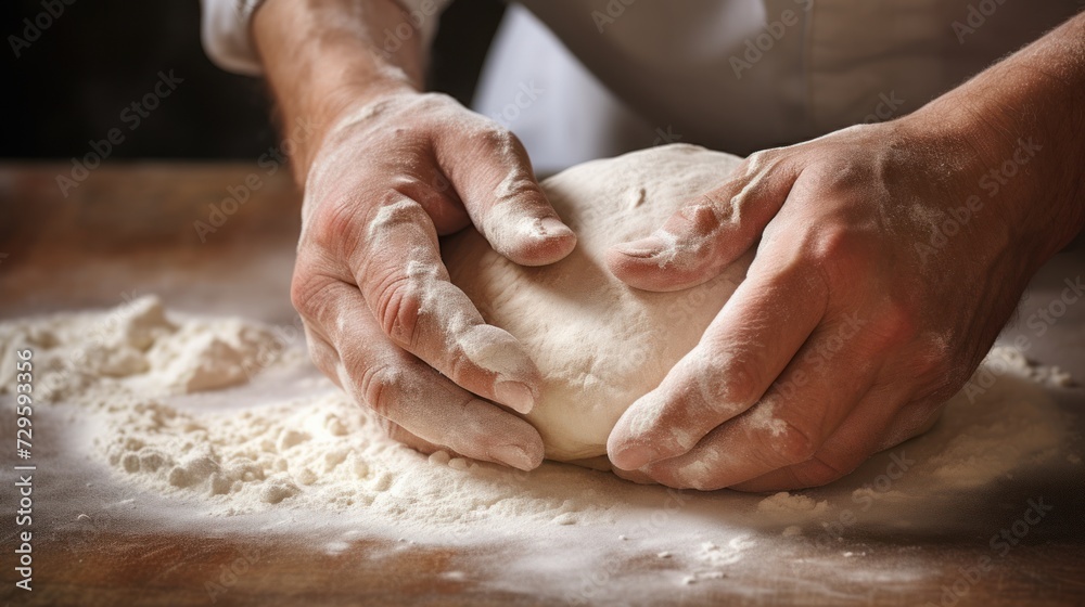 Close-up of a baker's hands in action, skillfully kneading dough on a flour-strewn table.