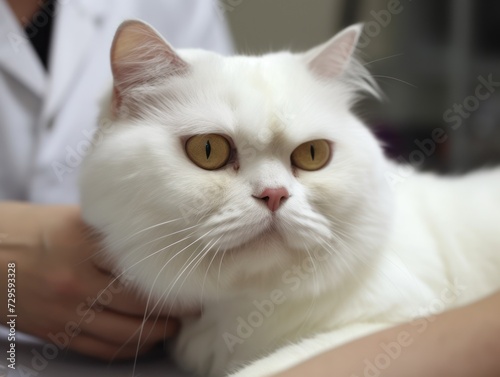 Veterinary examination of the white cat. Animal clinic. Pet check and vaccination. close-up