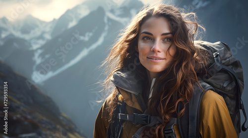 portrait of a beautiful young woman tourist with a backpack on a hiking trip in the mountains. tourism and outdoor travel. © photosaint