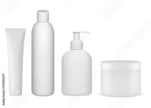 Cosmetic bottle collection. Set of cosmetics package mockup. Soap pump dispenser blank, cream jar, shampoo bottle, toothpaste tube design. Mock up of plastic bottles