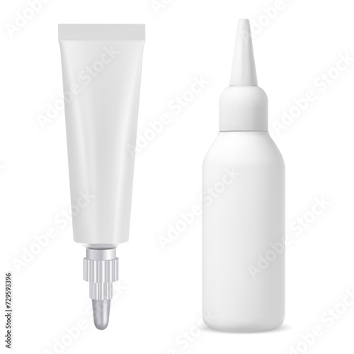 Cosmetic serum tube. Nozzle glue bottle, vector template. Isolated superglue package, adhesive sealant stick. Eye ointment tube, clear aluminum packaging. Long nozzle glue bottle