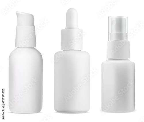 Airless pump bottle. Mist spray package mockup. Cosmetic serum dispenser with glass cap. Face foundation base product bottle design. Cleanser toner essence container, vector template