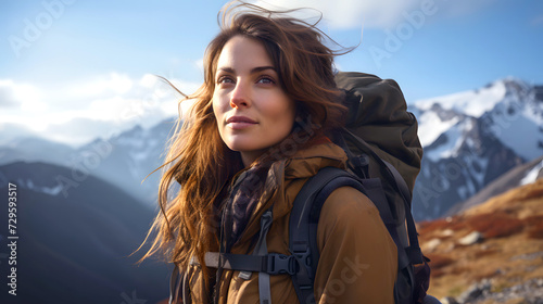 portrait of a beautiful young woman tourist with a backpack on a hiking trip in the mountains. tourism and outdoor travel.