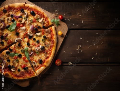 Delicious pizza on wooden table, top view, copyspace