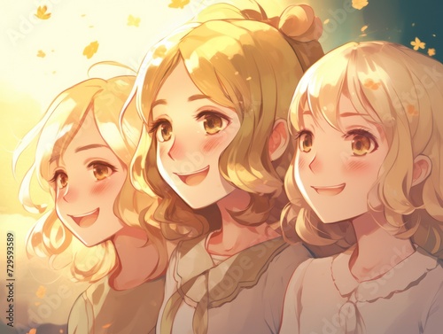 Portrait of three anime happy blonde girls showing white smile, laughing and looking carefree at camera, standing in the sunlight. blonde day