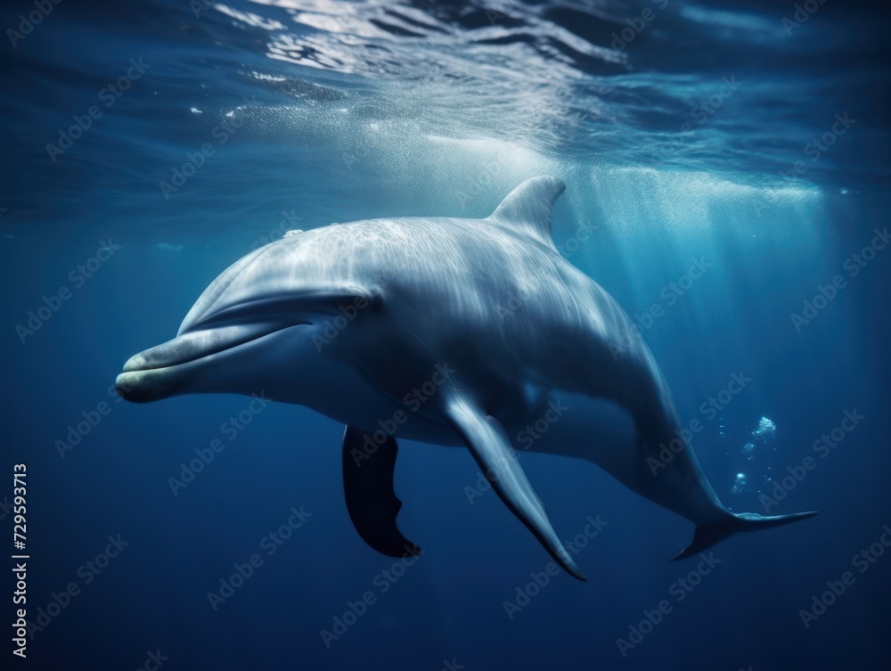 Fototapeta premium dolphin underwater in the rays of light. Dolphin Day
