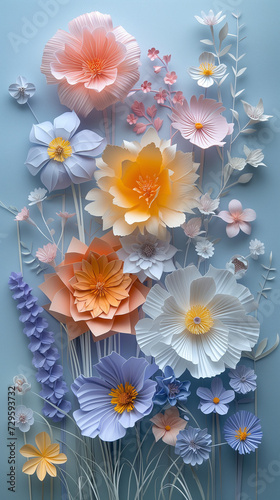 A photo of paper flowers in light pastel colors.