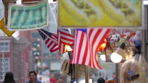 American flags on the street fast food kiosk in New York City in 4K Slow motion 60fps photo