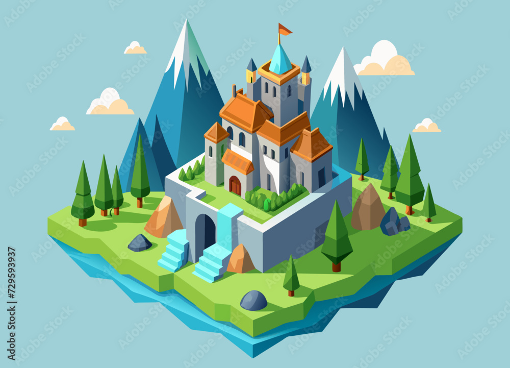 A detailed, isometric view of a medieval fantasy kingdom with castles and villages. vektor illustation