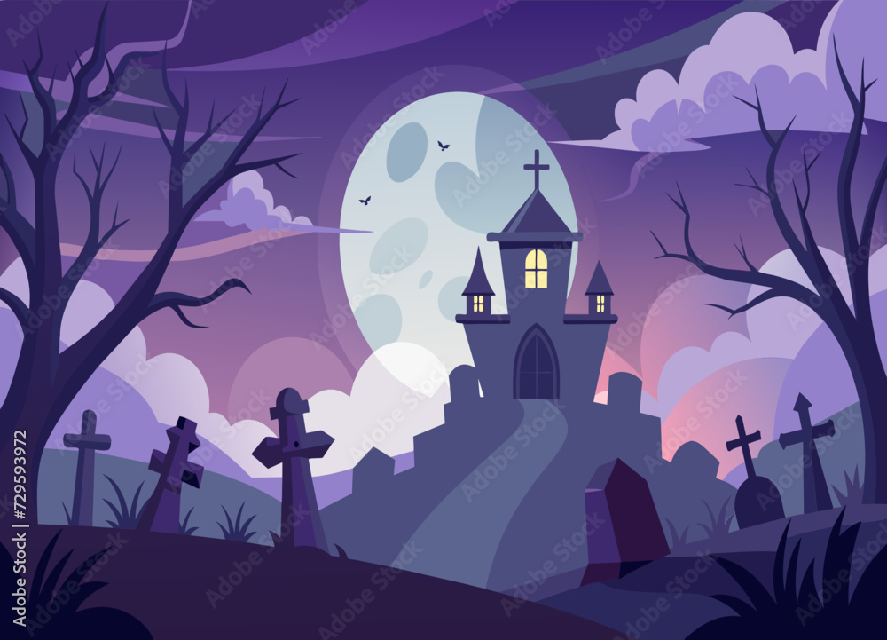 A haunted graveyard with tombstones, fog, and restless spirits. vektor illustation