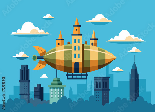 A whimsical, steampunk airship floating above a cityscape. vektor illustation
