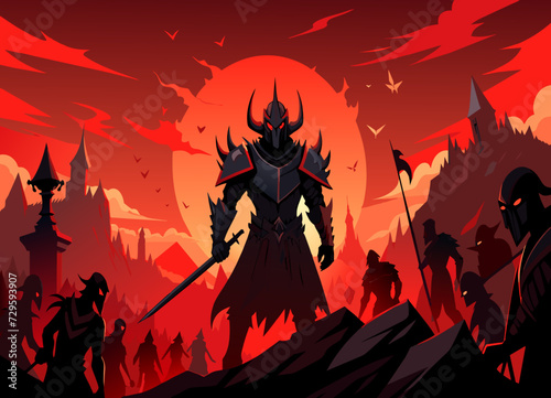 An epic battle scene between knights in shining armor and a horde of undead warriors under a blood-red sky. vektor illustation
