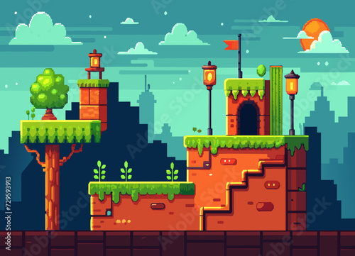 A pixel-art platformer level with challenging obstacles and hidden secrets. vektor illustation