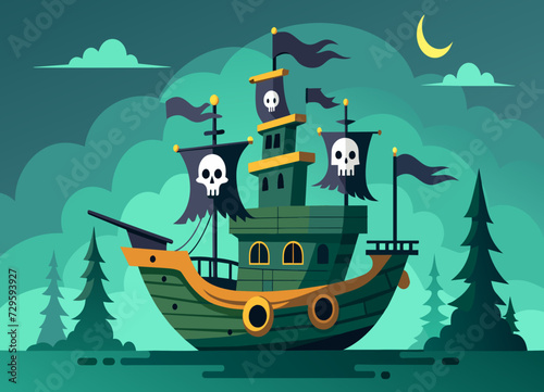 A haunted pirate ship with tattered sails and ghostly crew members. vektor illustation