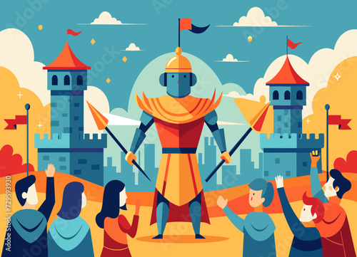 A medieval jousting tournament with knights in full armor and cheering spectators. vektor illustation
