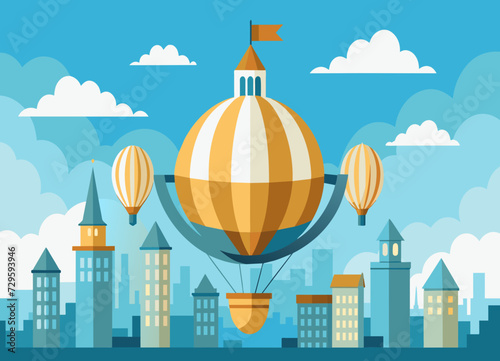A whimsical, steampunk hot air balloon floating over a cityscape. vektor illustation