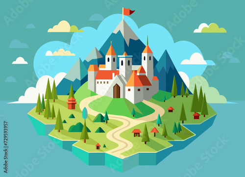 A detailed, top-down view of a medieval fantasy kingdom with roads and forests. vektor illustation